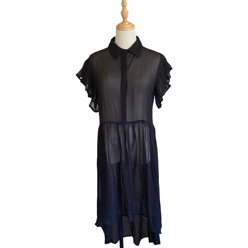 Betsey Johnson Black Sheer High Low Ruffle Button Front Tunic Cover Up One Size